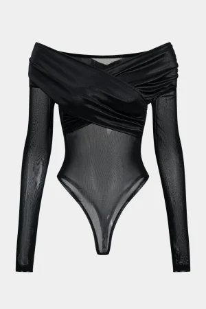 Mesh Satin Patchwork Sheer Long Sleeve Bodysuit>MICAS Fashion