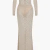Mesh Zipper Rhinestone Maxi Dress With Gloves>MICAS Sale