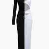 Metal Buckle One Shoulder Patchwork Long Sleeve Midi Dress>MICAS Outlet