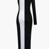 Metal Buckle One Shoulder Patchwork Long Sleeve Midi Dress>MICAS Outlet