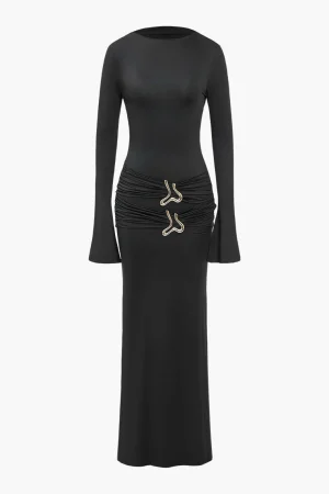 Metal Detail Ruched Long Sleeve Midi Dress>MICAS Online