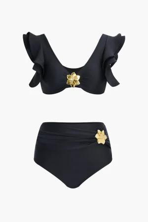 Metal Flower Decor Ruffle Bikini Set>MICAS Discount