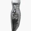 Metallic Asymmetric Hem Sleeveless Midi Dress>MICAS Hot