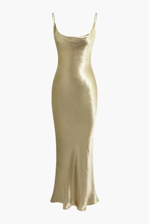 Metallic Backless Slip Mermaid Cowl Neck Maxi Dress>MICAS Hot