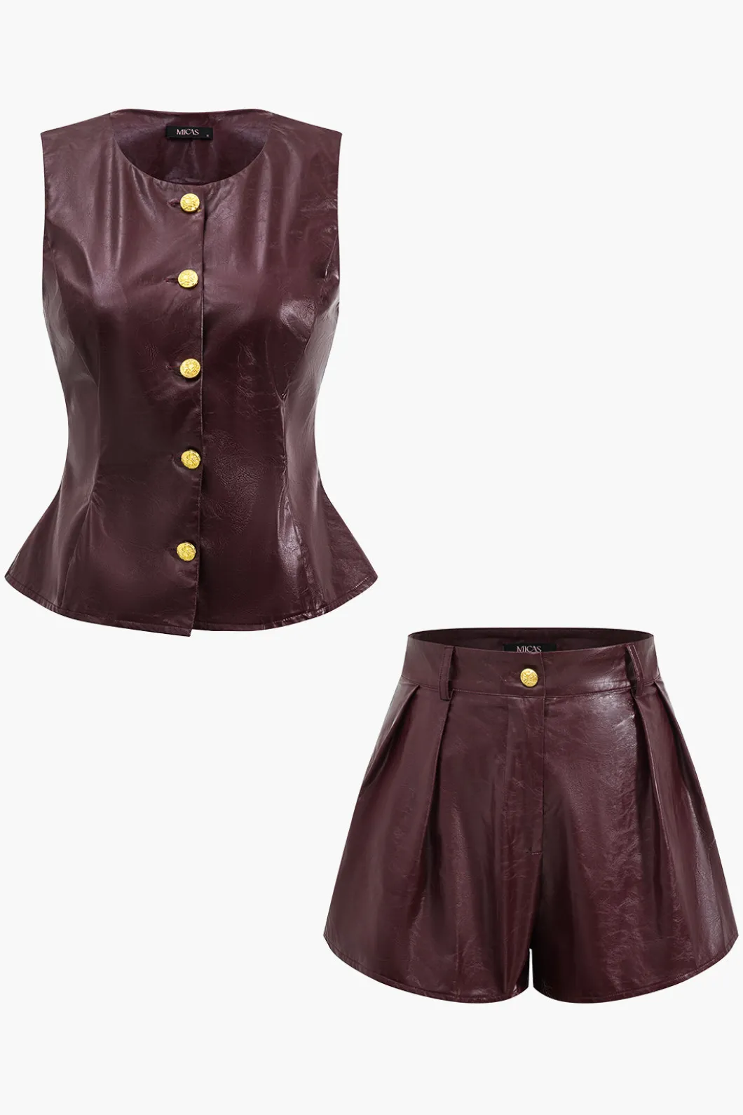 Metallic Button Faux Leather Shorts Set>MICAS Clearance