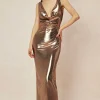 Metallic Cowl Neck Tie Backless Sleeveless Maxi Dress>MICAS Clearance