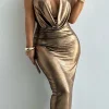 Metallic Cowl Neck Tie Backless Sleeveless Maxi Dress>MICAS Clearance