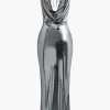 Metallic Cowl Neck Tie Backless Sleeveless Maxi Dress>MICAS Clearance