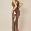 Metallic Cowl Neck Tie Backless Sleeveless Maxi Dress>MICAS Clearance