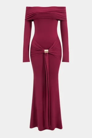 Metallic Detail Off Shoulder Long Sleeve Maxi Dress>MICAS Fashion
