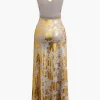 Metallic Print V-neck Backless Slip Maxi Dress>MICAS Discount