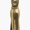 Metallic Tie Halter Cowl Neck Backless Maxi Dress>MICAS Fashion