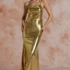 Metallic Tie Halter Cowl Neck Backless Maxi Dress>MICAS Fashion