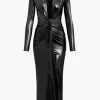 Metallic V-neck Ruched Slit Wrap Maxi Dress>MICAS Online