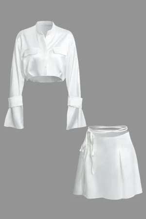 Mock Neck Button Up Bell Sleeve Crop Shirt And Mini Skirt Set>MICAS Clearance