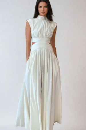 Mock Neck Cut Out Pleated Maxi Dress>MICAS New