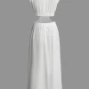 Mock Neck Cut Out Pleated Maxi Dress>MICAS New