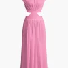 Mock Neck Cut Out Pleated Maxi Dress>MICAS New