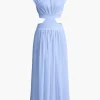 Mock Neck Cut Out Pleated Maxi Dress>MICAS New