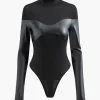 Mock Neck Faux Leather Paneled Long Sleeve Bodysuit>MICAS Best