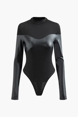 Mock Neck Faux Leather Paneled Long Sleeve Bodysuit>MICAS Best