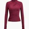 Mock neck Ruched Long Sleeve Top>MICAS New