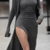 Mock Neck Wrap Ruched Long Sleeve Slit Maxi Dress>MICAS Hot