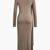 Mock Neck Wrap Ruched Long Sleeve Slit Maxi Dress>MICAS Hot