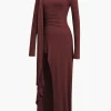 Mock Neck Wrap Ruched Long Sleeve Slit Maxi Dress>MICAS Hot