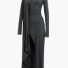Mock Neck Wrap Ruched Long Sleeve Slit Maxi Dress>MICAS Hot
