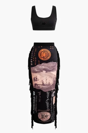 Money Pattern Tassel Skirt Set>MICAS Discount