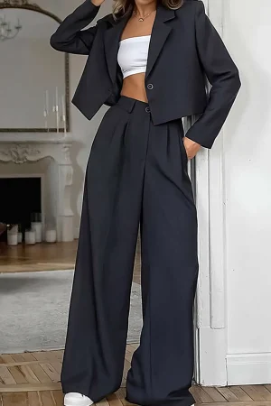 Notched Lapel Blazer And High Waist Trousers Set>MICAS New