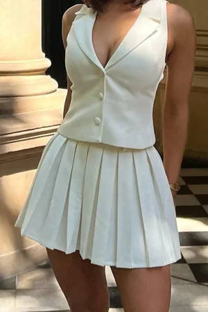 Notched Lapel Vest And Pleated Mini Skirt Set>MICAS Clearance