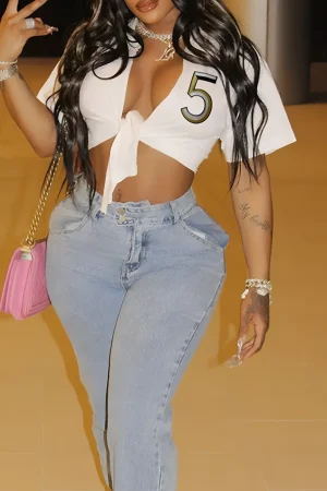 Number 5 Embroidered Knot Hem T-shirt>MICAS Hot