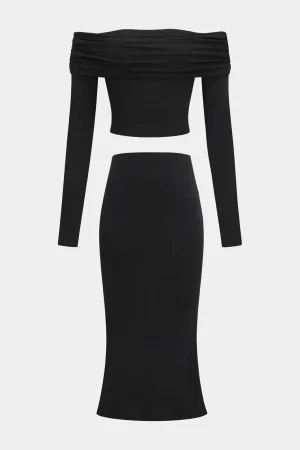 Off Shoulder Long Sleeve Top And Skirt Set>MICAS Hot