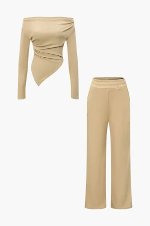 Off Shoulder Ruched Asymmetric Top And Straight Leg Pants Set>MICAS Online