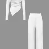 Off Shoulder Ruched Asymmetric Top And Straight Leg Pants Set>MICAS Online