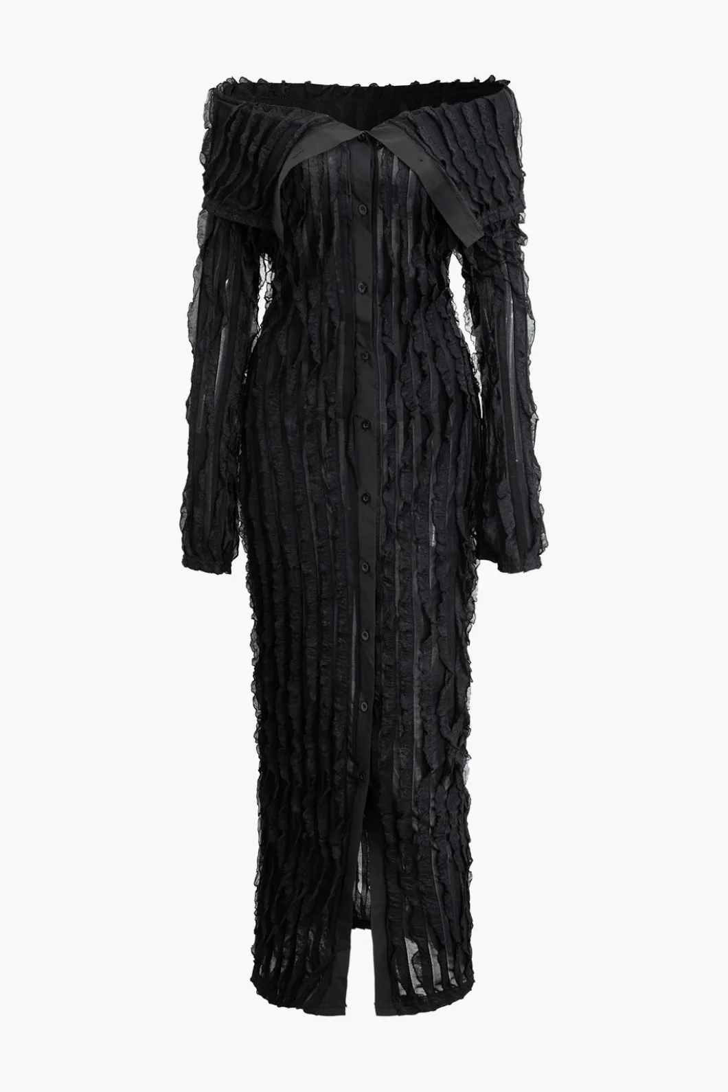 Off Shoulder Textured Button Up Slit Long Sleeve Maxi Dress>MICAS Hot