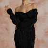 Off Shoulder Textured Button Up Slit Long Sleeve Maxi Dress>MICAS Hot