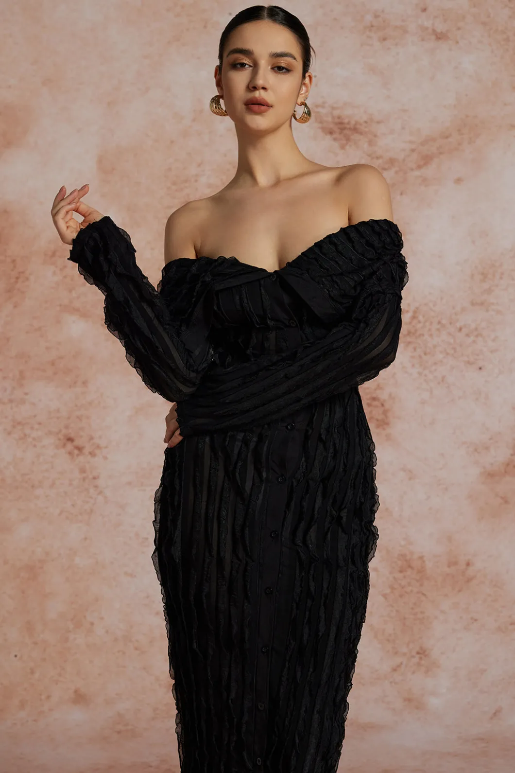 Off Shoulder Textured Button Up Slit Long Sleeve Maxi Dress>MICAS Hot