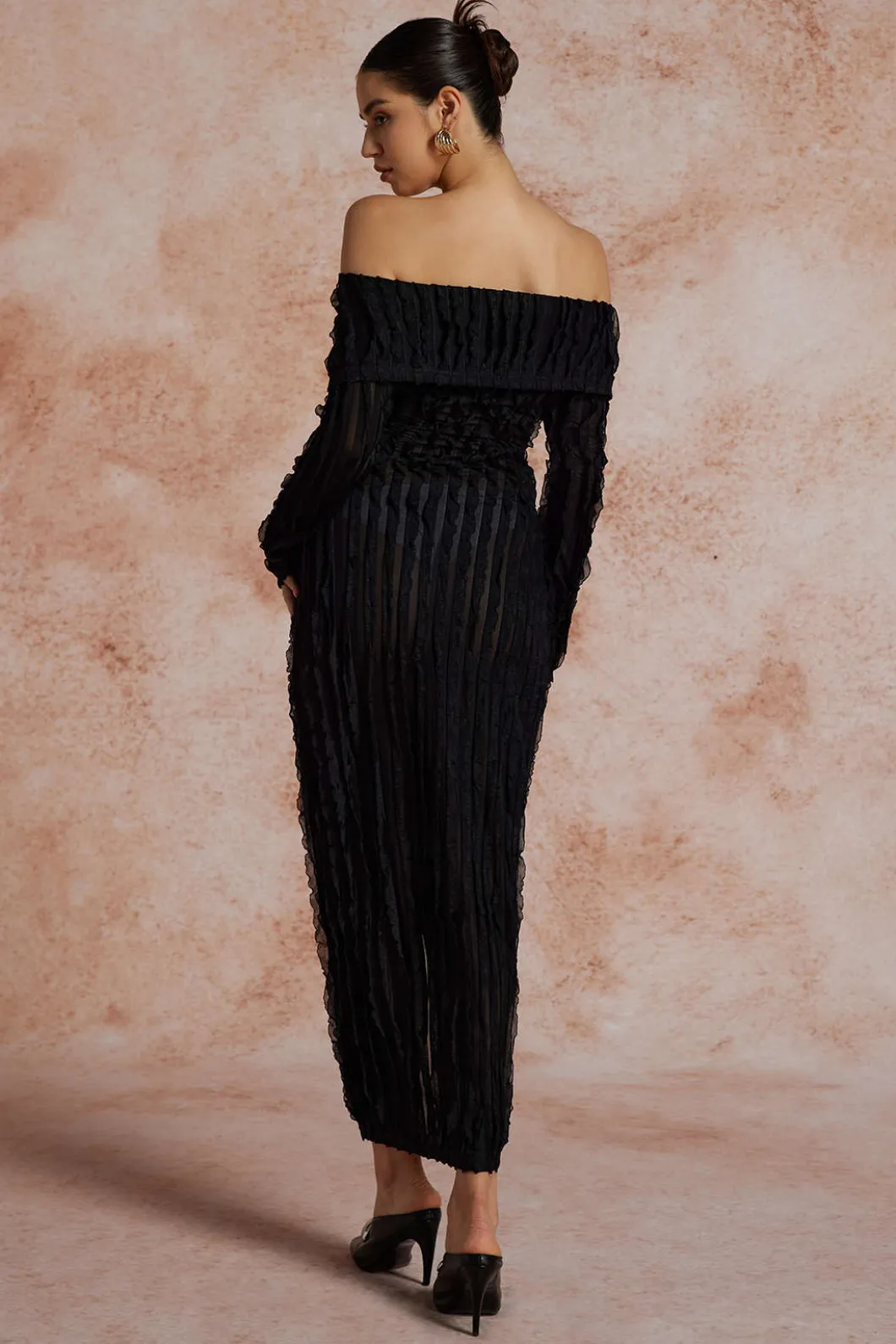 Off Shoulder Textured Button Up Slit Long Sleeve Maxi Dress>MICAS Hot