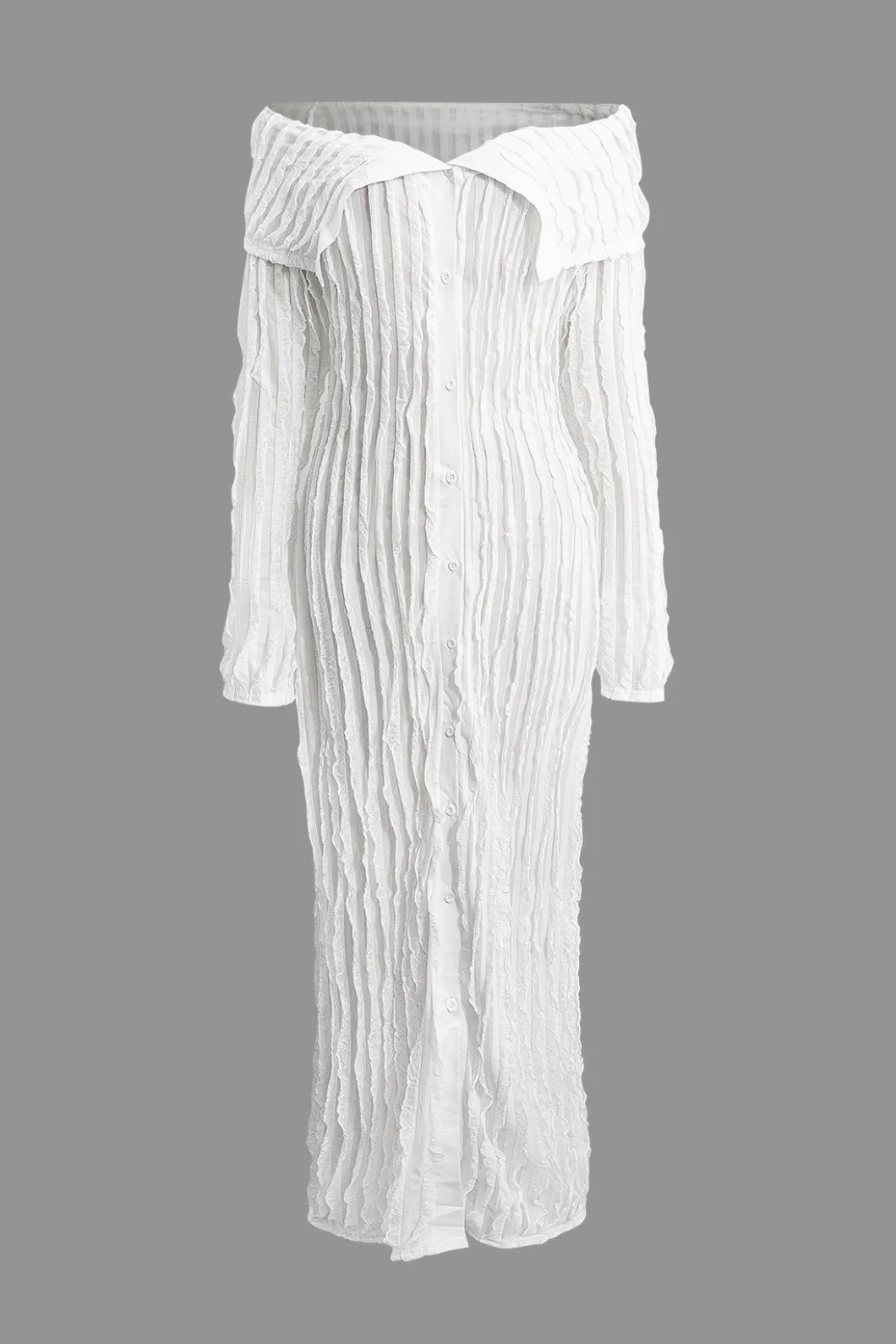 Off Shoulder Textured Button Up Slit Long Sleeve Maxi Dress>MICAS Hot