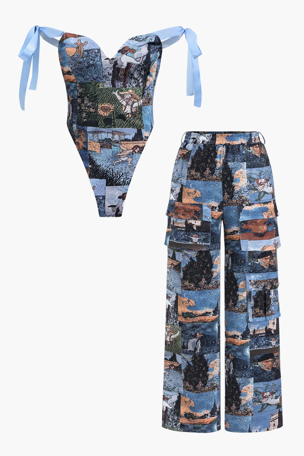 Oil Painting Pattern Drawstring Strappy Top And Pocket Trousers Set>MICAS Outlet
