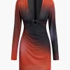 Ombre Mesh Deep V-neck Long Sleeve Mini Dress>MICAS New