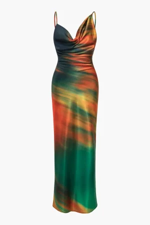 Ombre Print Cowl Neck Asymmetrical Slip Maxi Dress>MICAS Best
