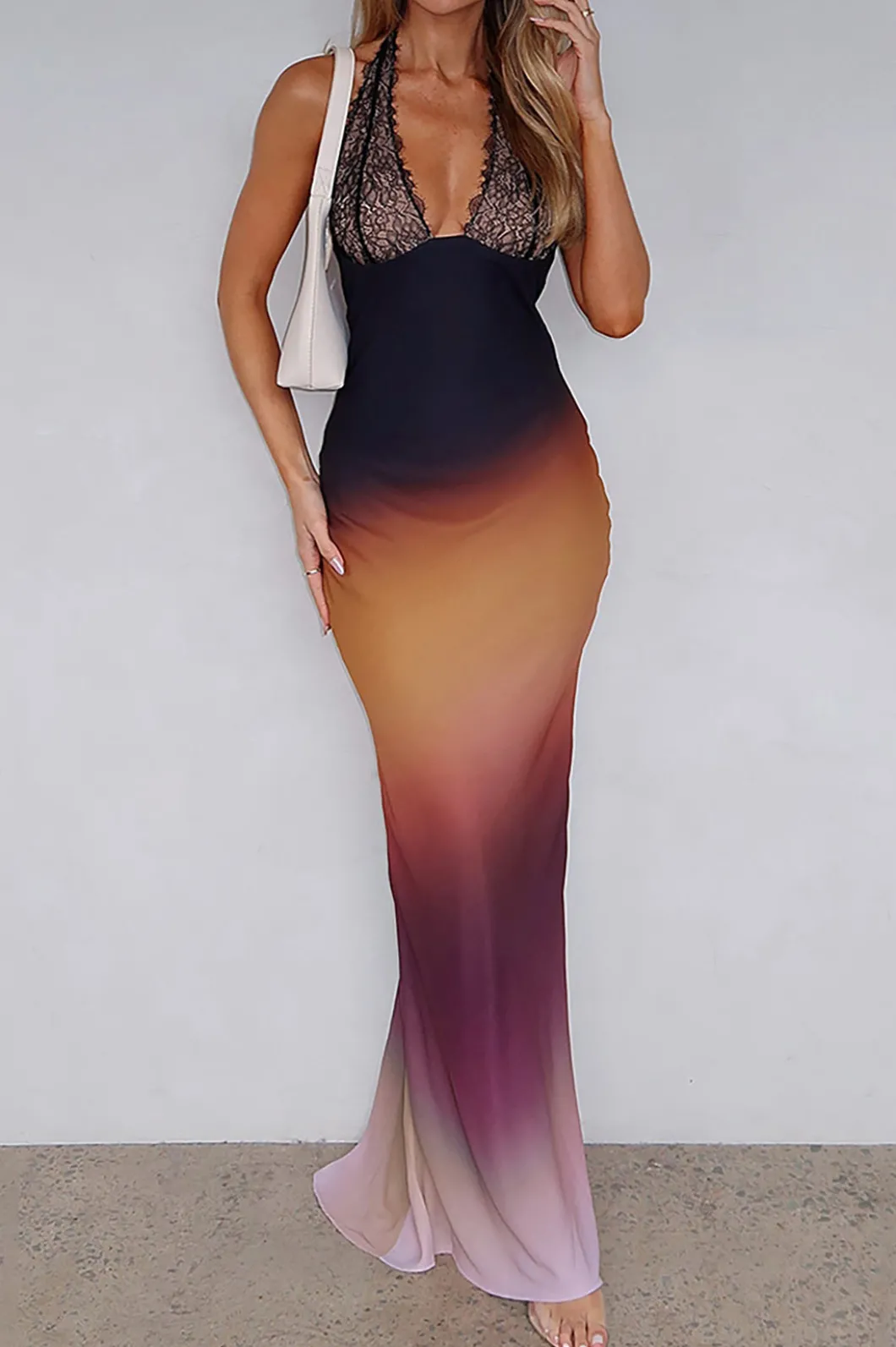 Ombre Print Mesh Backless Lace Sleeveless Maxi Dress>MICAS Online