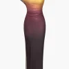 Ombre Print One Shoulder Asymmetrical Maxi Dress>MICAS Online
