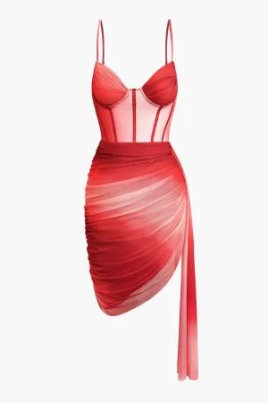 Ombre Ruched Mesh Bustier Slip Mini Dress>MICAS Best