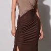One Shouder Patchwork Ruched Slit Maxi Dress>MICAS Hot