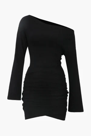 One Shoulder Flared Sleeve Ruched Wrap Mini Dress>MICAS Fashion